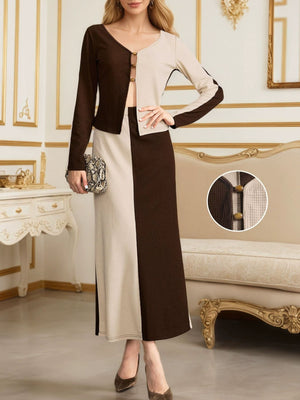 chocolate brown skirt set with color-block and v-neck