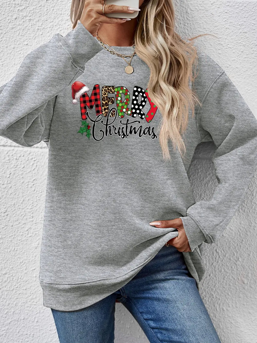 Grey graphic sweatshirt with Merry Christmas text, drop shoulder, and brushed fleece.
