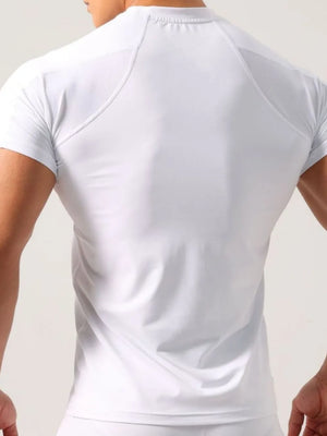 White activewear t-shirt with mesh shoulder panels and short sleeves.