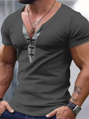 Men's gray short sleeve t-shirt with V-neck and lace-up detail