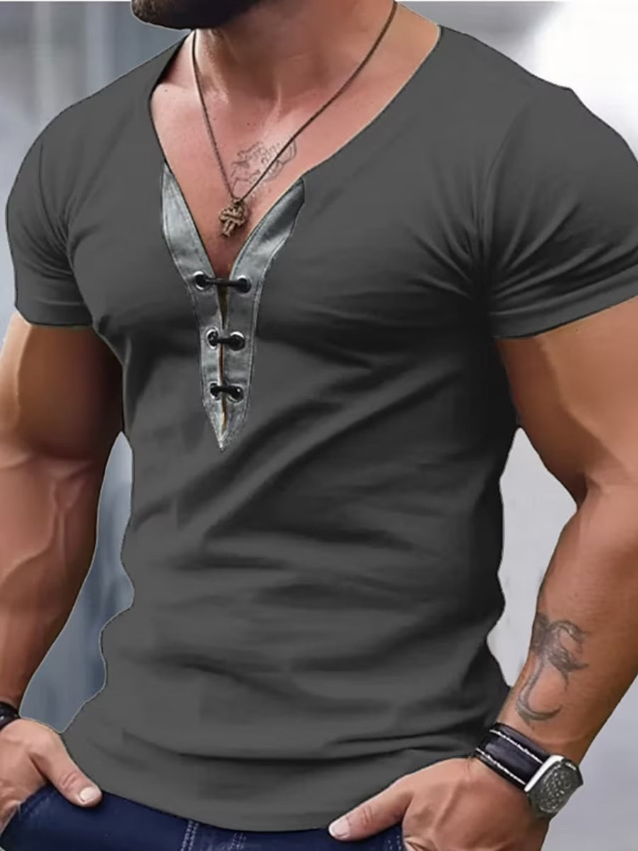 Men's gray short sleeve t-shirt with V-neck and lace-up detail