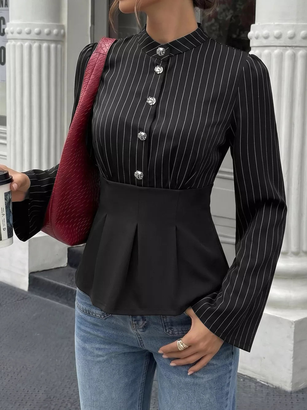 black peplum top with striped and mandarin collar