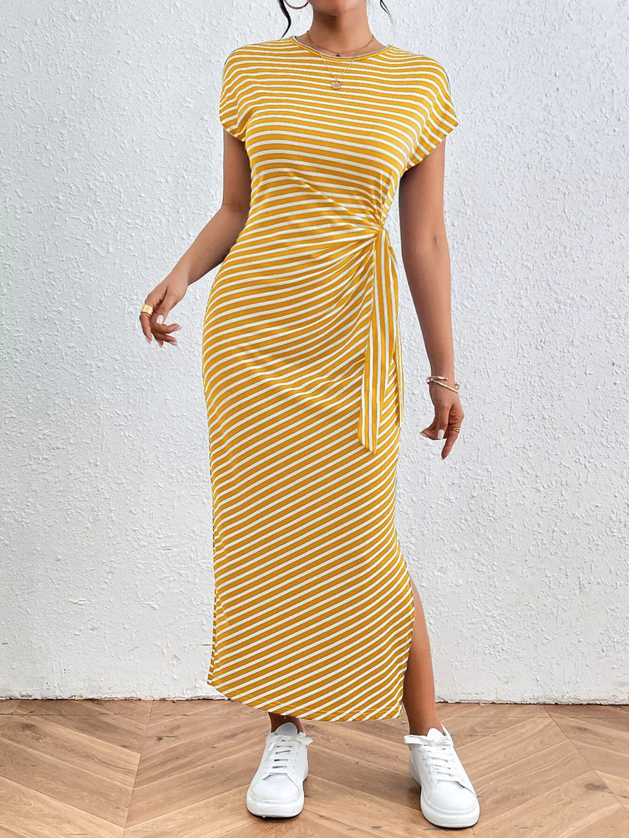 Yellow striped midi dress with tie-side detail and leg slit