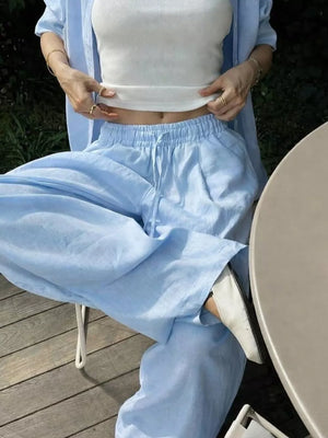 Button Up Shirt And Drawstring Pants Set in Apricot
