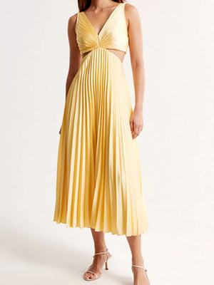 Black Elegant Pleated Midi Dress With Cut-outs