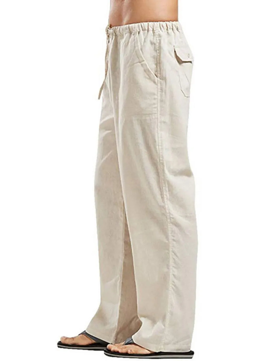 Relaxed fit linen drawstring trousers in Khaki with pockets and a casual cut.