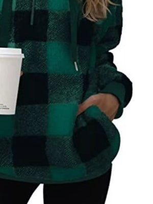 Green plaid sherpa drawstring hoodie with kangaroo pocket and cuffed sleeves.