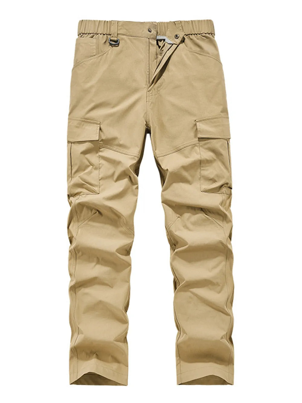 Khaki cargo pants with elastic waist and button fly, featuring multiple pockets.