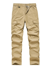 Khaki cargo pants with elastic waist and button fly, featuring multiple pockets.