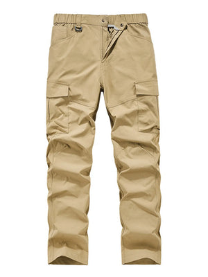 Khaki cargo pants with elastic waist and button fly, featuring multiple pockets.