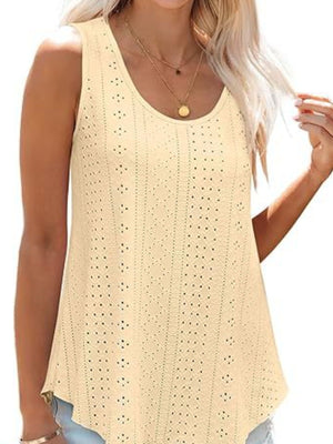 Pastel yellow eyelet tank top with scoop neck and intricate patterns.
