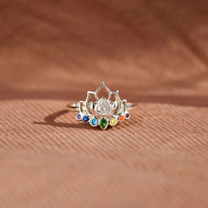 Sterling silver ring with lotus design and colorful chakra stones.