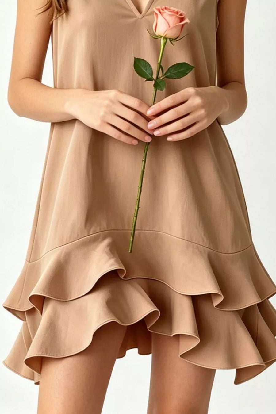 Tiered ruffle hem mini dress in taupe with V-neck.
