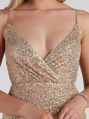 Gold fitted mini dress with v-neck