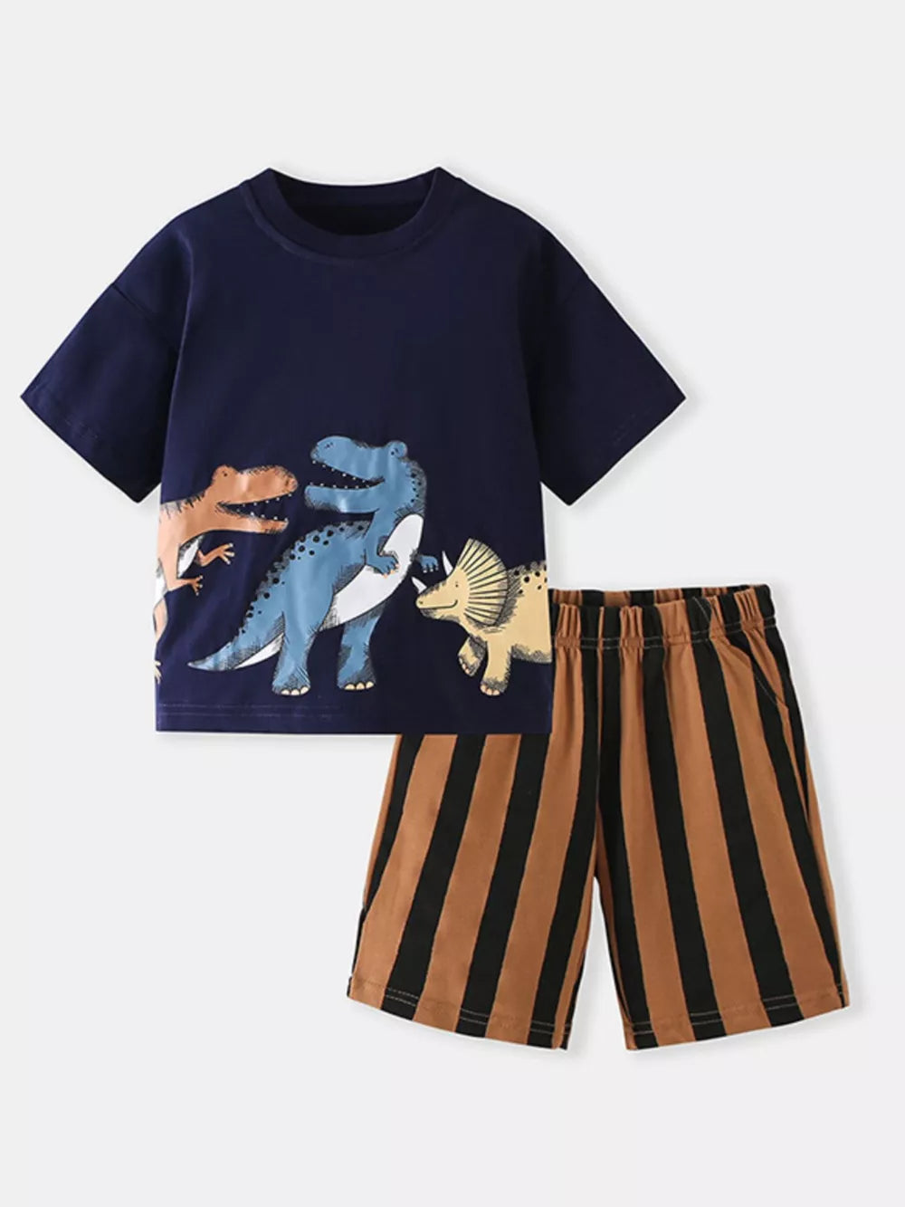Toddler navy dinosaur t-shirt and brown striped shorts set