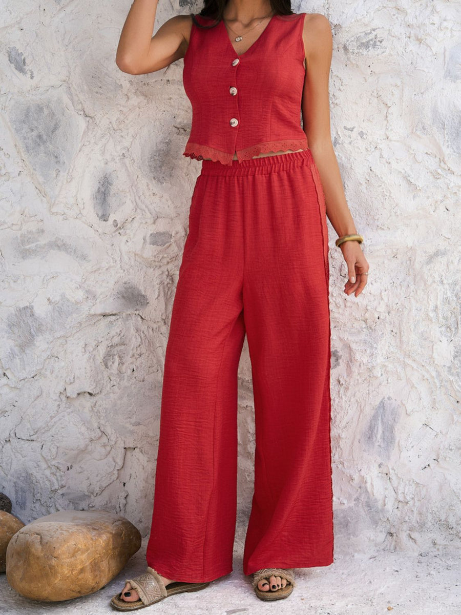 Red linen vest set with lace trim and wide-leg pants