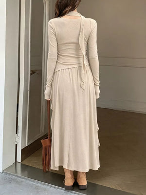 Khaki with Ruffled Long Sleeve Knit Top And Maxi Skirt Set