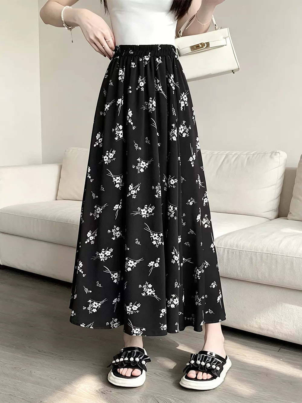 A-line skirt in cream with elastic waist and maxi