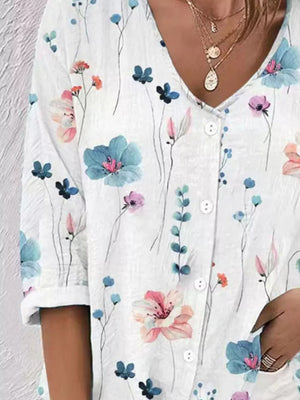Floral Print V-neck Button-down Shirt in Dusty Blue