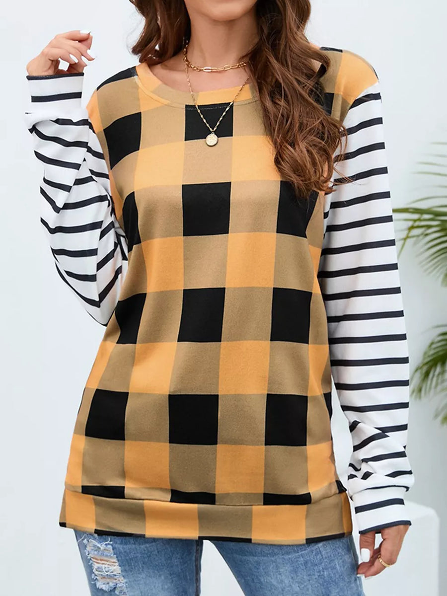 Black with Plaid And Stripe Contrast Long Sleeve T-shirt