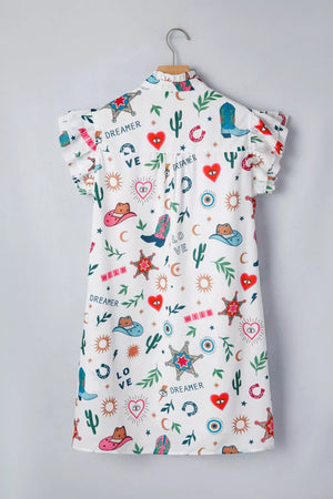 White polyester mini dress with western print, flutter sleeves, and button-down style.