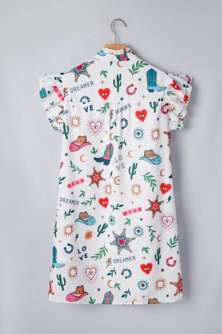 White polyester mini dress with western print, flutter sleeves, and button-down style.