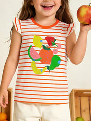 Baby & children's cotton tee with orange stripes and colorful fruit print, featuring ruffle sleeves.