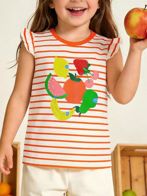 Baby & children's cotton tee with orange stripes and colorful fruit print, featuring ruffle sleeves.