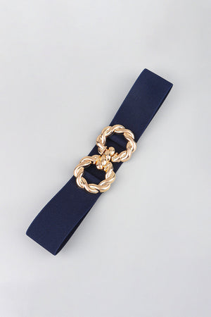 Dark blue stretch belt with gold braided knot buckle detail