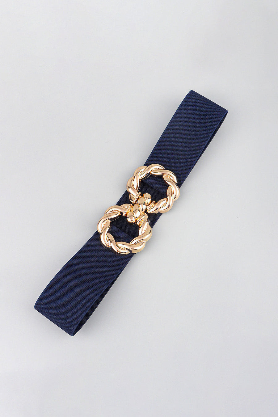 Dark blue stretch belt with gold braided knot buckle detail
