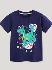 Navy cotton t-shirt with a graphic of a green dinosaur hatching from an egg with bunny ears.