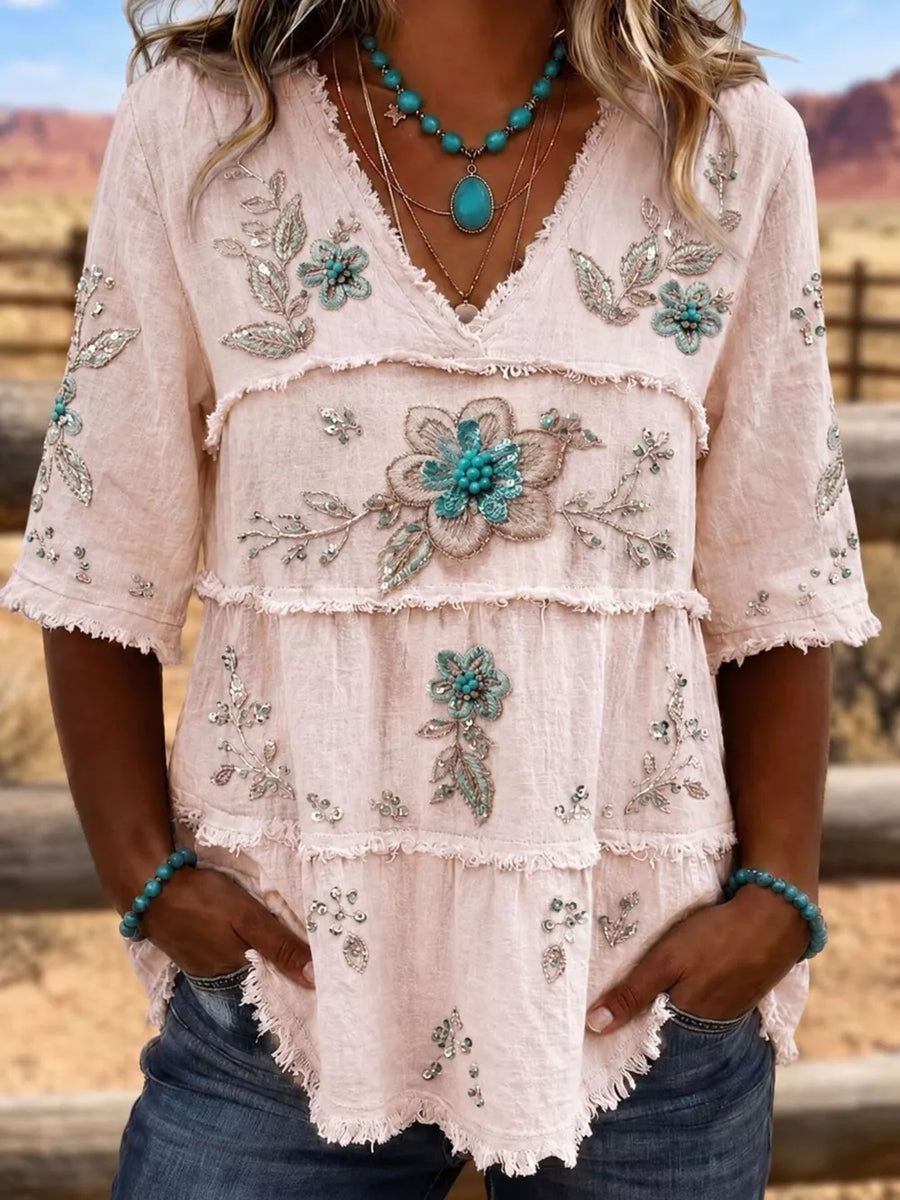 blouse in Turquoise with floral and tiered