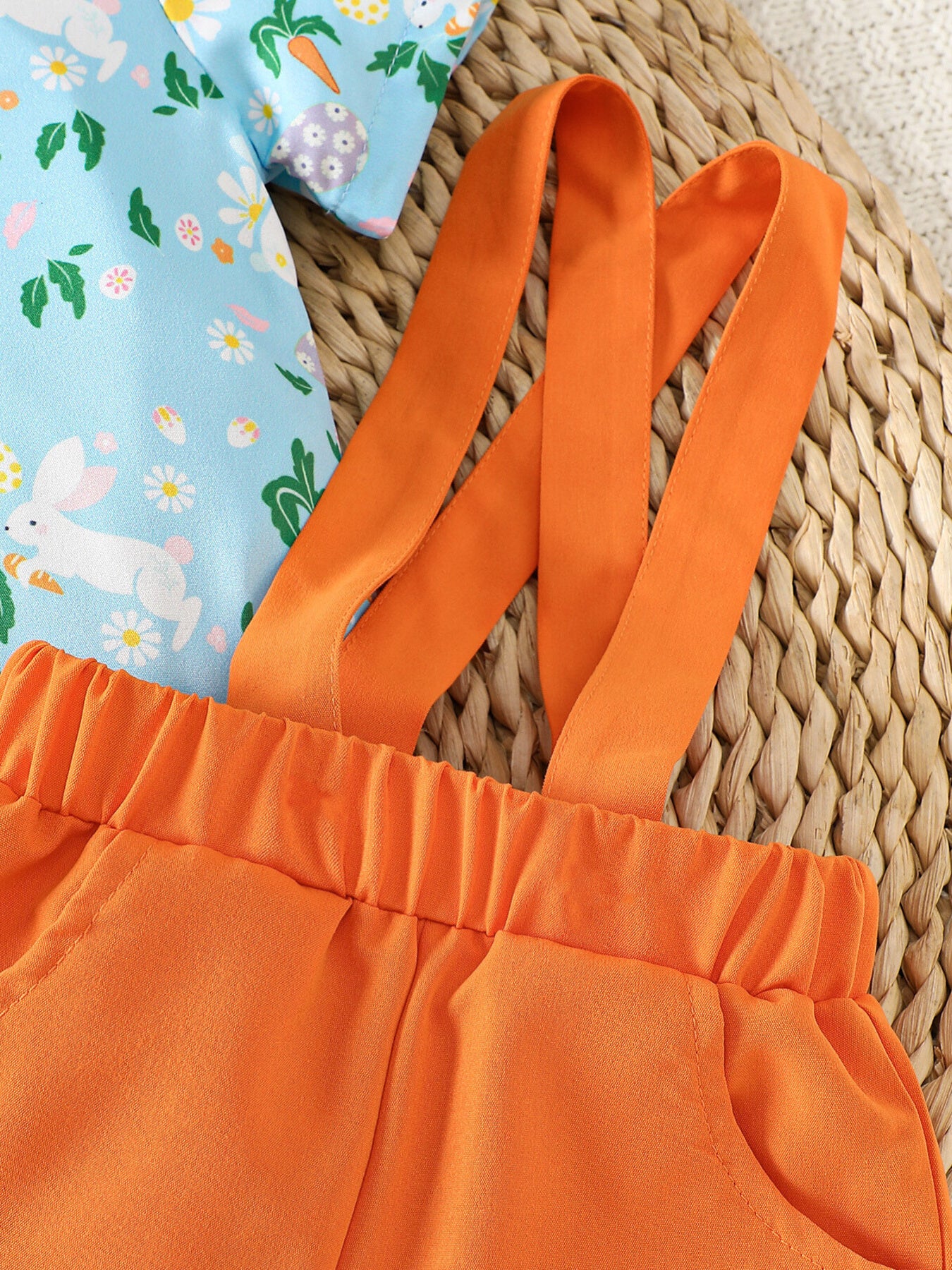 Baby bodysuit with bunny print and orange suspender shorts set