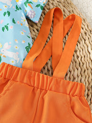 Baby bodysuit with bunny print and orange suspender shorts set