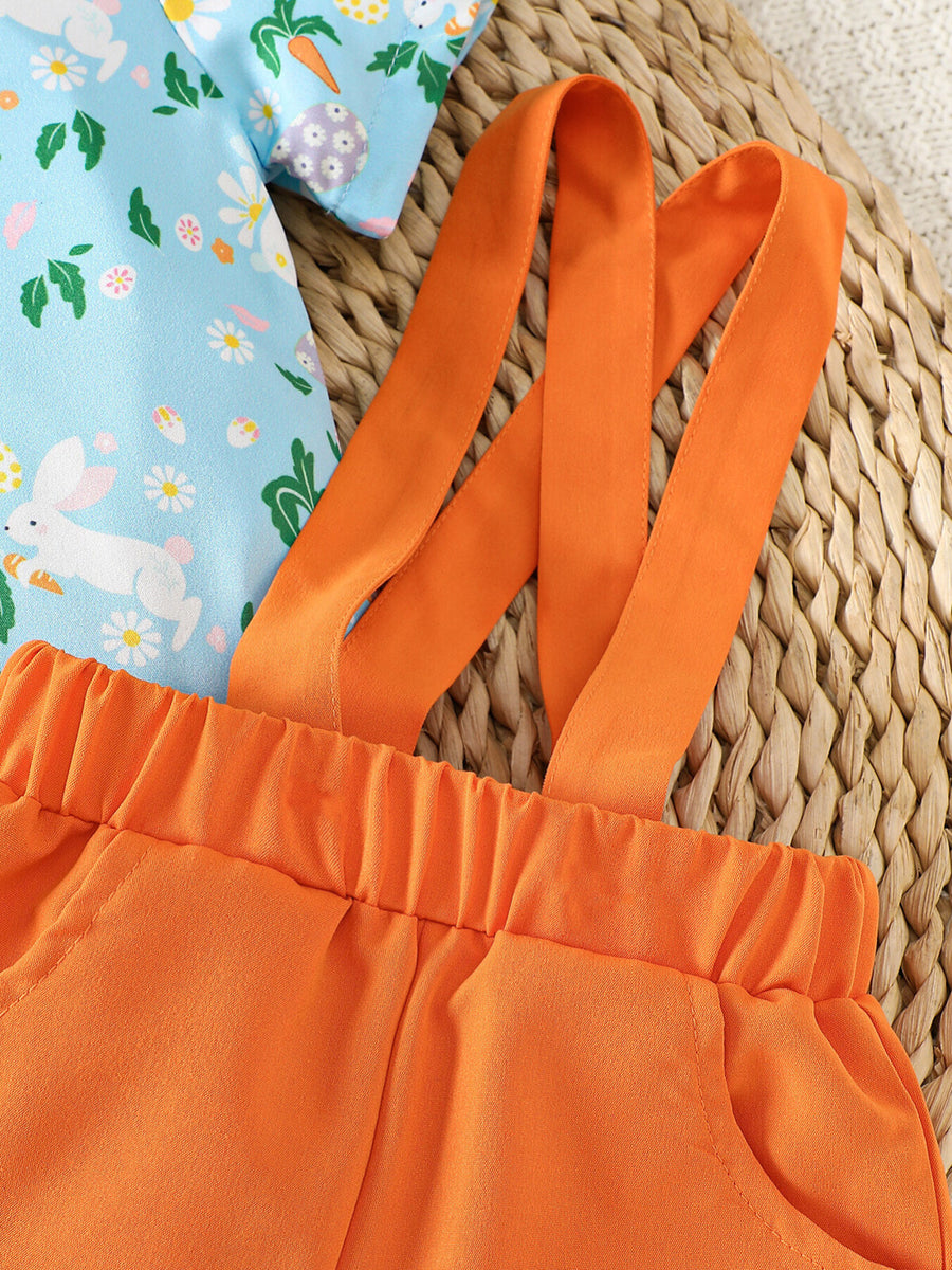 Baby bodysuit with bunny print and orange suspender shorts set