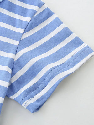 Baby blue and white striped cotton t-shirt sleeve detail