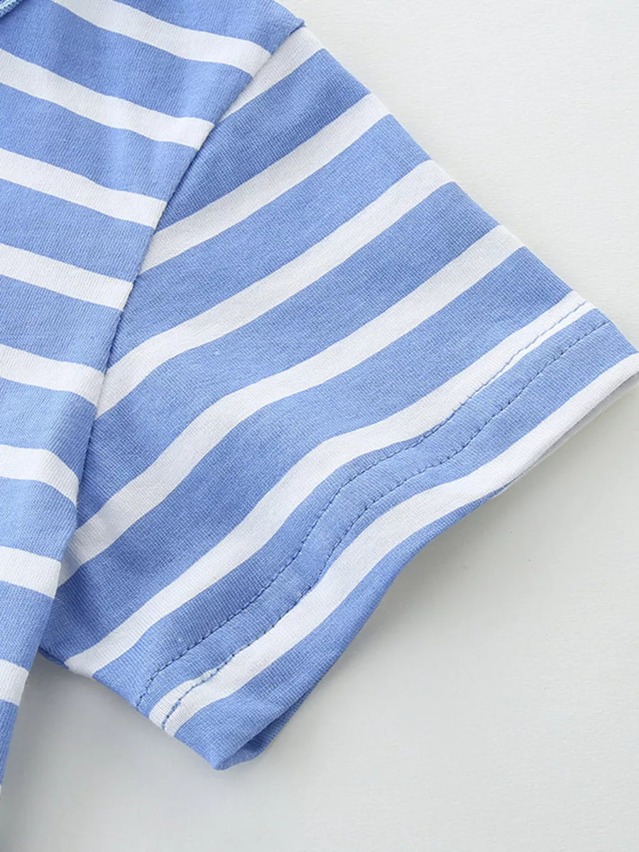 Baby blue and white striped cotton t-shirt sleeve detail