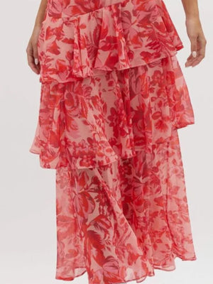 coral red maxi dress featuring tiered and floral