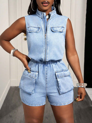 romper in light blue featuring pocketed and relaxed fit