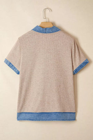 Ribbed knit tunic top in beige with a denim collar, short sleeves, and hem detail.