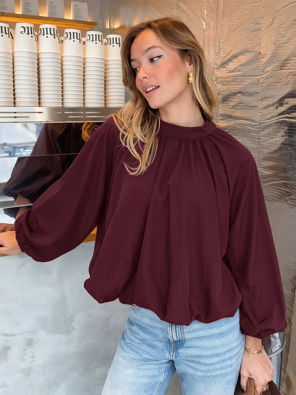 classic blouse in burgundy with mock neck