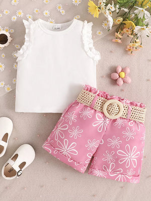 White with Children's Frill Sleeveless Top And Belt Shorts Set in White