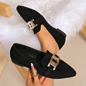 Pointed-Toe Suede Loafers With Chain Detail in sage green with pointed-toe
