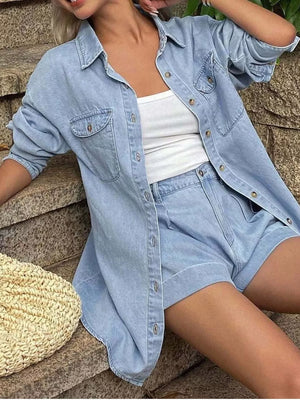 Chic button-up denim shirt and shorts set in Light Blue.