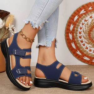 Blue adjustable platform sandals with ankle strap and white stitching detail.