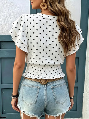 Black Polka Dot Ruffle Sleeve Blouse