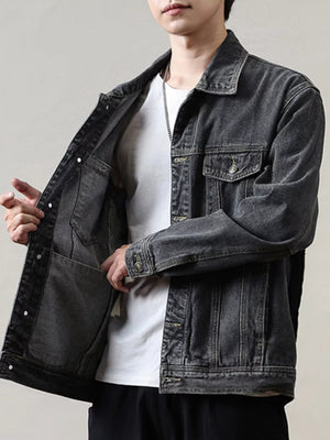 Dark Gray with Men's Classic Washed Denim Jacket Plus Size