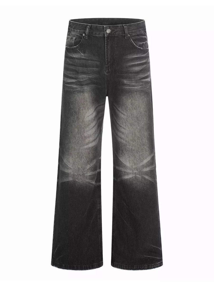 Men's black vintage wash wide leg jeans with distressed details