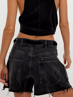 Drawstring Raw Hem Denim Shorts in Orange with raw hem