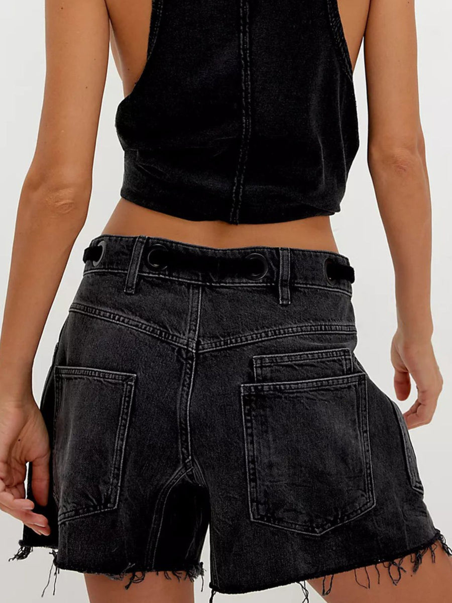 Drawstring Raw Hem Denim Shorts in Orange with raw hem